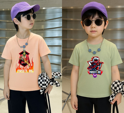 Lecowar Boys Graphic Print Polyester Regular T Shirt(Pink, Green, Pack of 2)
