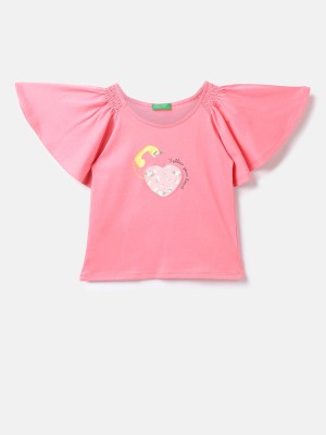 United Colors of Benetton Baby Girls Printed Pure Cotton T Shirt(Pink, Pack of 1)