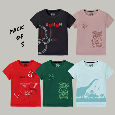 Minibot Boys Printed Pure Cotton Regular T Shirt(Multicolor, Pack of 5)
