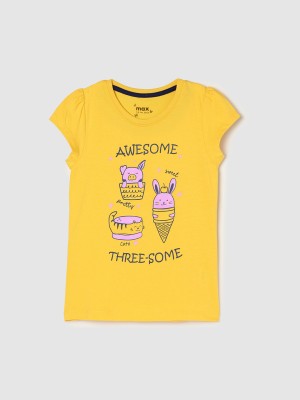 MAX Girls Typography, Graphic Print Pure Cotton Regular T Shirt(Yellow, Pack of 1)