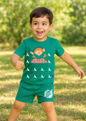 Sattitude Boys & Girls Printed Cotton Blend Regular T Shirt(Green, Pack of 1)