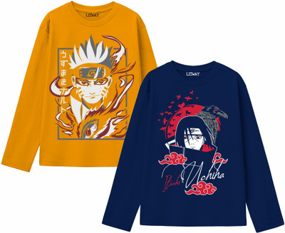 Litway Boys Graphic Print Pure Cotton Regular T Shirt(Yellow, Dark Blue, Pack of 2)