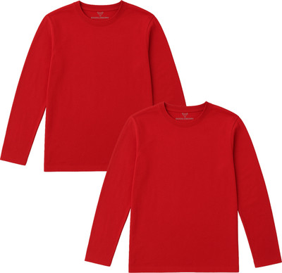 doodleberry Girls Solid Cotton Blend Regular T Shirt(Red, Pack of 2)
