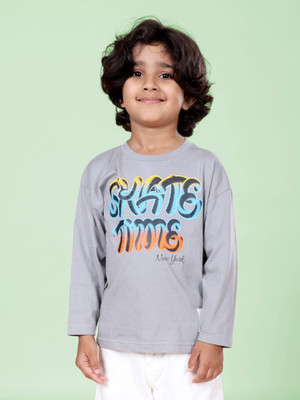 KiddoPanti Boys Printed Pure Cotton Regular T Shirt(Grey, Pack of 1)