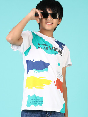V-MART Boys Printed Cotton Blend Regular T Shirt(White, Pack of 1)