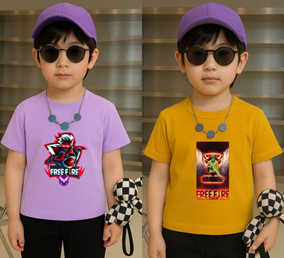Lecowar Boys Graphic Print Polyester Regular T Shirt(Purple, Yellow, Pack of 2)