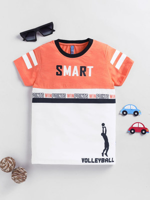 Here&Now X Game Begins Boys Striped Cotton Blend Regular T Shirt(Orange, Pack of 1)