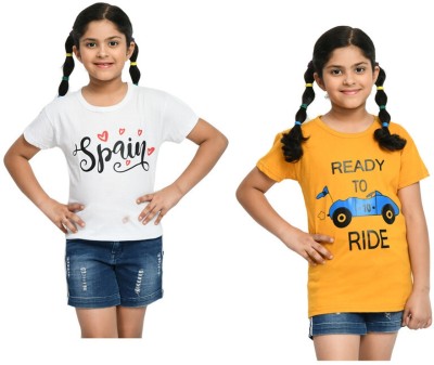 KAVYA Girls Printed Pure Cotton Regular T Shirt(Multicolor, Pack of 2)