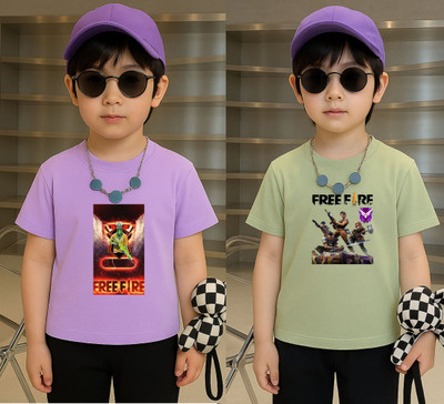 Lecowar Boys Printed Polyester Regular T Shirt(Purple, Green, Pack of 2)