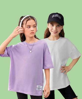 QUIN FLETCHER Girls Graphic Print Pure Cotton Oversized T Shirt(Multicolor, Pack of 2)