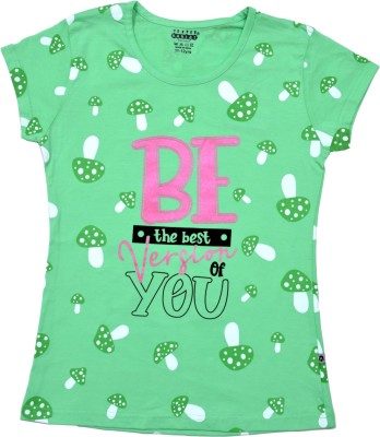 KARIBY Girls Printed Pure Cotton Regular T Shirt(Green, Pack of 1)