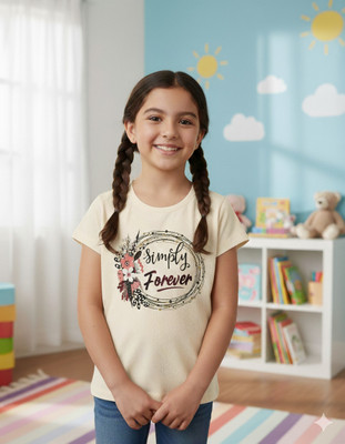 truffles Girls Self Design Cotton Blend Regular T Shirt(White, Pack of 1)