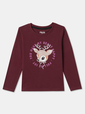 R&B Girls Graphic Print Pure Cotton Regular T Shirt(Red, Pack of 1)