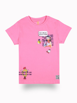 GINI & JONY Girls Printed Cotton Blend Regular T Shirt(Pink, Pack of 1)