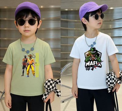 Lecowar Boys Printed Polyester Regular T Shirt(Green, White, Pack of 1)