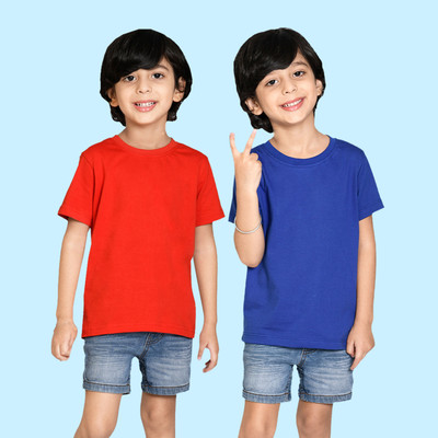 Nusyl Boys Solid Cotton Blend Regular T Shirt(Red, Pack of 2)