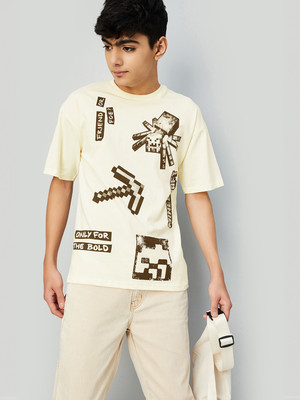 MAX Boys Printed Pure Cotton Regular T Shirt(Beige, Pack of 1)