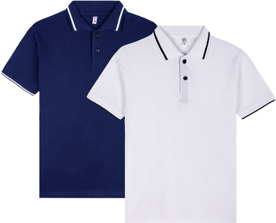 Fasla Boys Solid Cotton Blend Regular T Shirt(White, Dark Blue, Pack of 2)