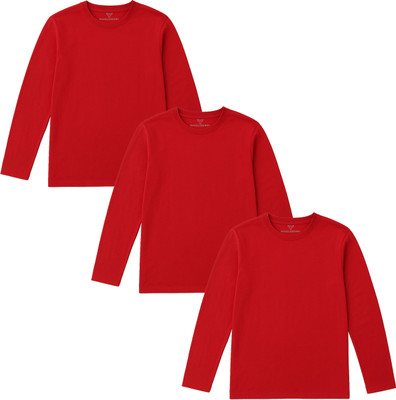 doodleberry Girls Solid Cotton Blend Regular T Shirt(Red, Pack of 3)