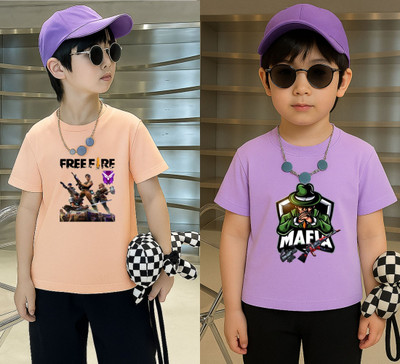 Lecowar Boys Graphic Print Polyester Regular T Shirt(Pink, Purple, Pack of 2)