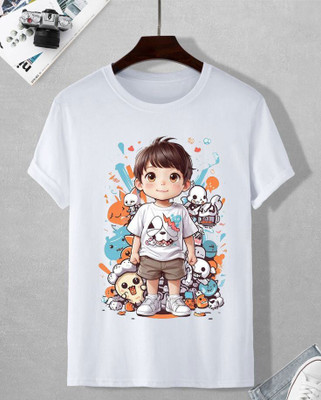 KPPRINT Boys Printed Cotton Blend Regular T Shirt(White, Pack of 1)