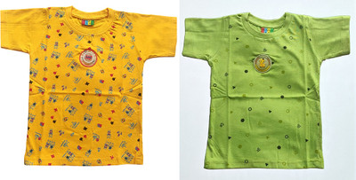 KidsTeen Boys & Girls Cartoon, Printed Cotton Blend Regular T Shirt(Yellow, Green, Pack of 2)