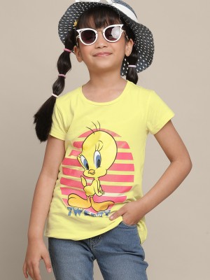 LOONEY TUNES By Kidsville Girls Printed Pure Cotton T Shirt(Yellow, Pack of 1)