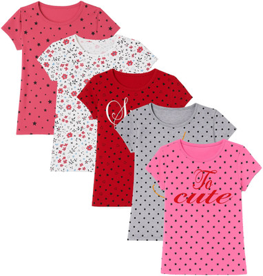 EyeWater Girls Printed Cotton Blend Regular T Shirt(Pink, Red, Pack of 5)