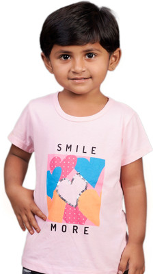 Yellowtoons Girls Printed Cotton Blend Regular T Shirt(Pink, Pack of 1)