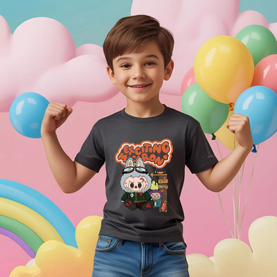 Kidloo Boys Labubu, Graphic Print Cotton Blend Regular T Shirt(Grey, Pack of 1)