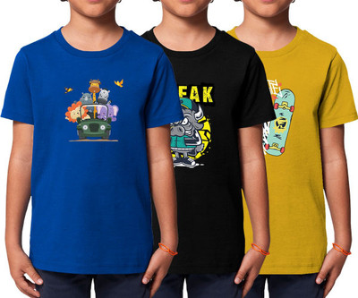 weatherwear Boys Printed Pure Cotton Regular T Shirt(Blue, Pack of 3)