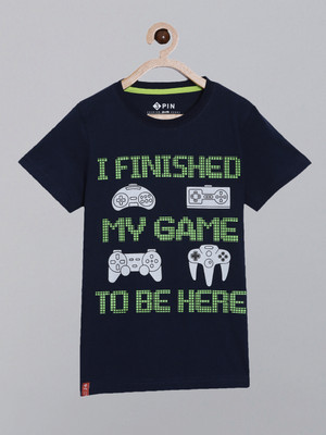 3Pin Boys Typography Pure Cotton Regular T Shirt(Dark Blue, Pack of 1)