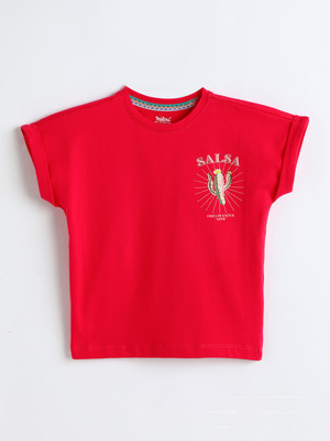 milou Girls Printed Pure Cotton Regular T Shirt(Red, Pack of 1)