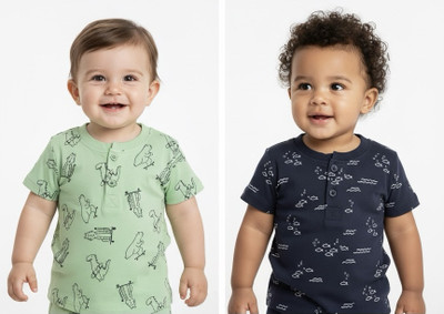 GRABIT Baby Boys Printed Pure Cotton Regular T Shirt(Black, Green, Pack of 2)