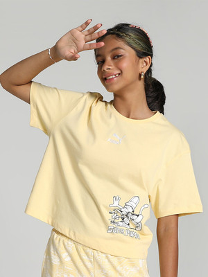 PUMA Girls Printed Pure Cotton Regular T Shirt(Yellow, Pack of 1)