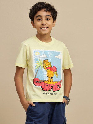 kidsville Boys Printed Pure Cotton Regular T Shirt(Yellow, Pack of 1)