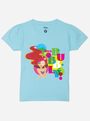 YK Disney Girls Printed Cotton Blend Regular T Shirt(Blue, Pack of 1)