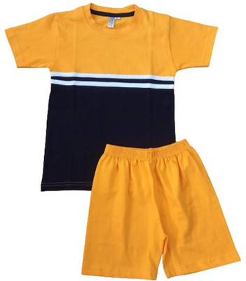 NewLadiesZone Boys Striped Pure Cotton Regular T Shirt(Yellow, Pack of 1)