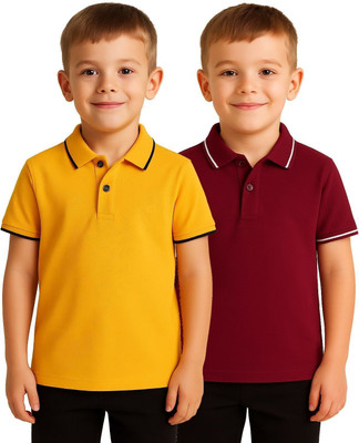 EyeWater Boys Solid Cotton Blend Regular T Shirt(Maroon, Yellow, Pack of 2)