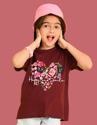 Nusyl Girls Graphic Print Cotton Blend Oversized T Shirt(Maroon, Pack of 1)