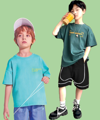 GRAND MALBORK Boys Printed Pure Cotton Oversized T Shirt(Blue, Green, Pack of 2)