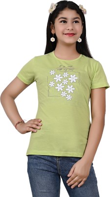 Telesto Girls Printed Cotton Blend T Shirt(Green, Pack of 1)