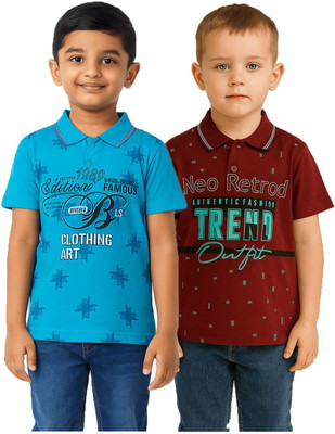CUTEBOYS Boys Printed Cotton Blend Regular T Shirt(Blue, Maroon, Pack of 2)