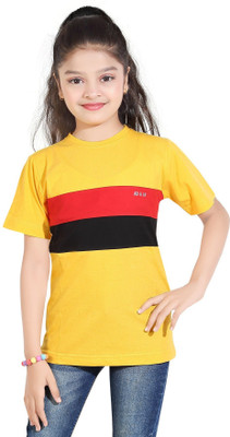 AD & AV Girls Colorblock Viscose Rayon Regular T Shirt(Yellow, Pack of 1)
