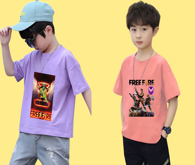 Kintu Parantu Boys Printed Polyester Regular T Shirt(Multicolor, Pack of 2)