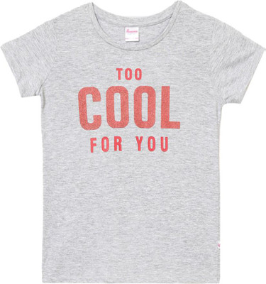 V-MART Girls Printed Pure Cotton Regular T Shirt(Grey, Pack of 1)