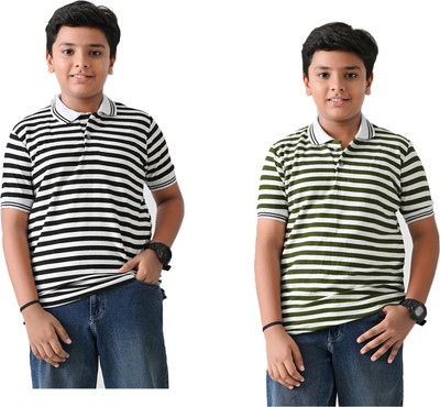 IndiWeaves Boys Striped Pure Cotton Regular T Shirt(Brown, Grey, Pack of 2)