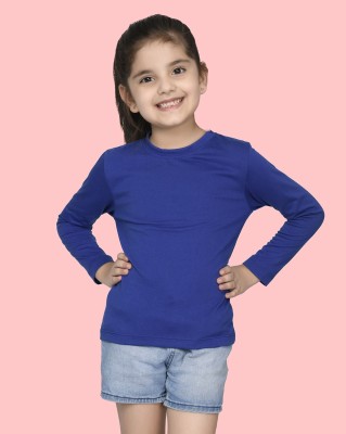 Nusyl Girls Solid Cotton Blend Regular T Shirt(Blue, Pack of 1)