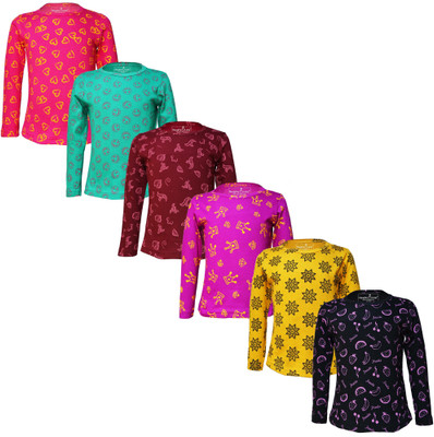 Eazy Trends Girls Printed Pure Cotton Regular T Shirt(Black, Pack of 6)