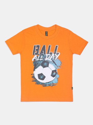 V-MART Boys Printed Cotton Blend Regular T Shirt(Orange, Pack of 1)